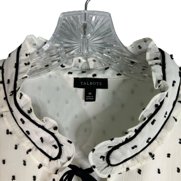 Talbots WM Tie Neck Top White with Black Embroidered Small Dots and Ruffle Neck - Picture 3 of 8